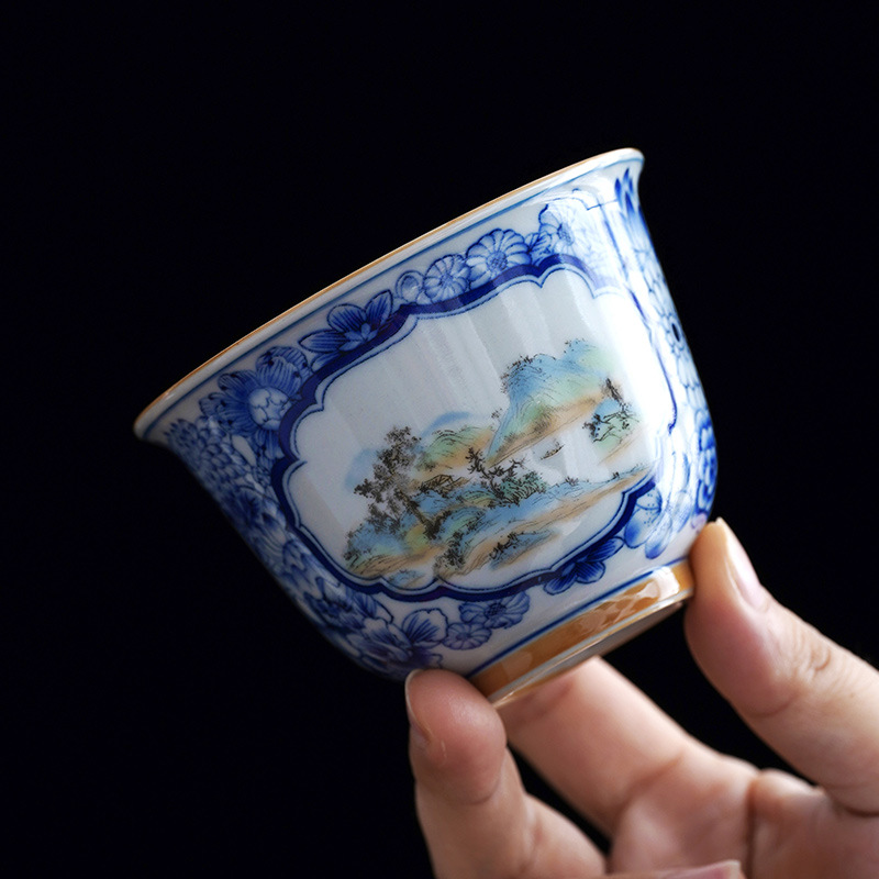 Cốc trà phong cảnh cửa sổ mở màu xanh và trắng, bộ trà Kung Fu chuyên dụng cá nhân cao cấp, cốc trà gốm sứ, cốc uống trà, cốc đơn