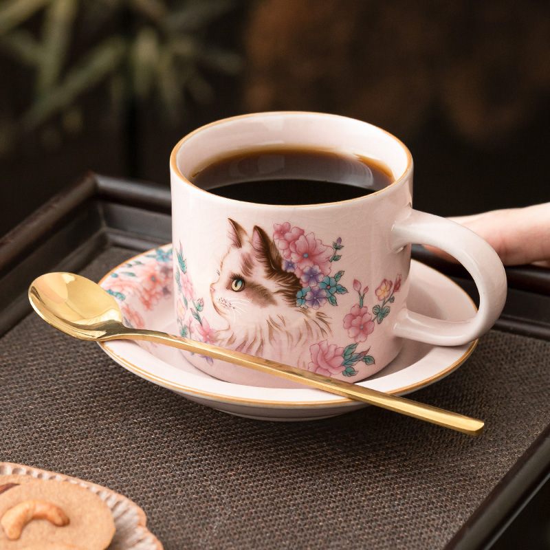 Cốc cà phê Ruyao bột Ruhua mèo cốc đặc biệt dành cho cá nhân nữ cốc và đĩa cốc khuấy cổ điển tinh tế cốc gốm sứ