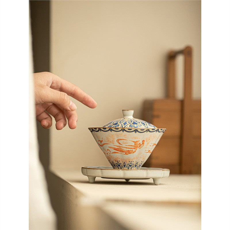 Mô phỏng lò Song Ru Đôn Hoàng đội mũ bay tam tài bộ trà kungfu gia dụng chống bỏng bát trà gốm sứ dung tích lớn