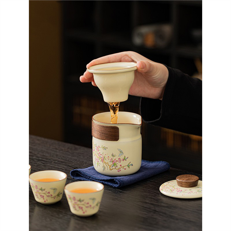 Bộ trà kungfu du lịch ngoài trời xách tay hoa tử đằng cốc gốm sứ tươi mới tách nước trà cốc nhanh quà lưu niệm