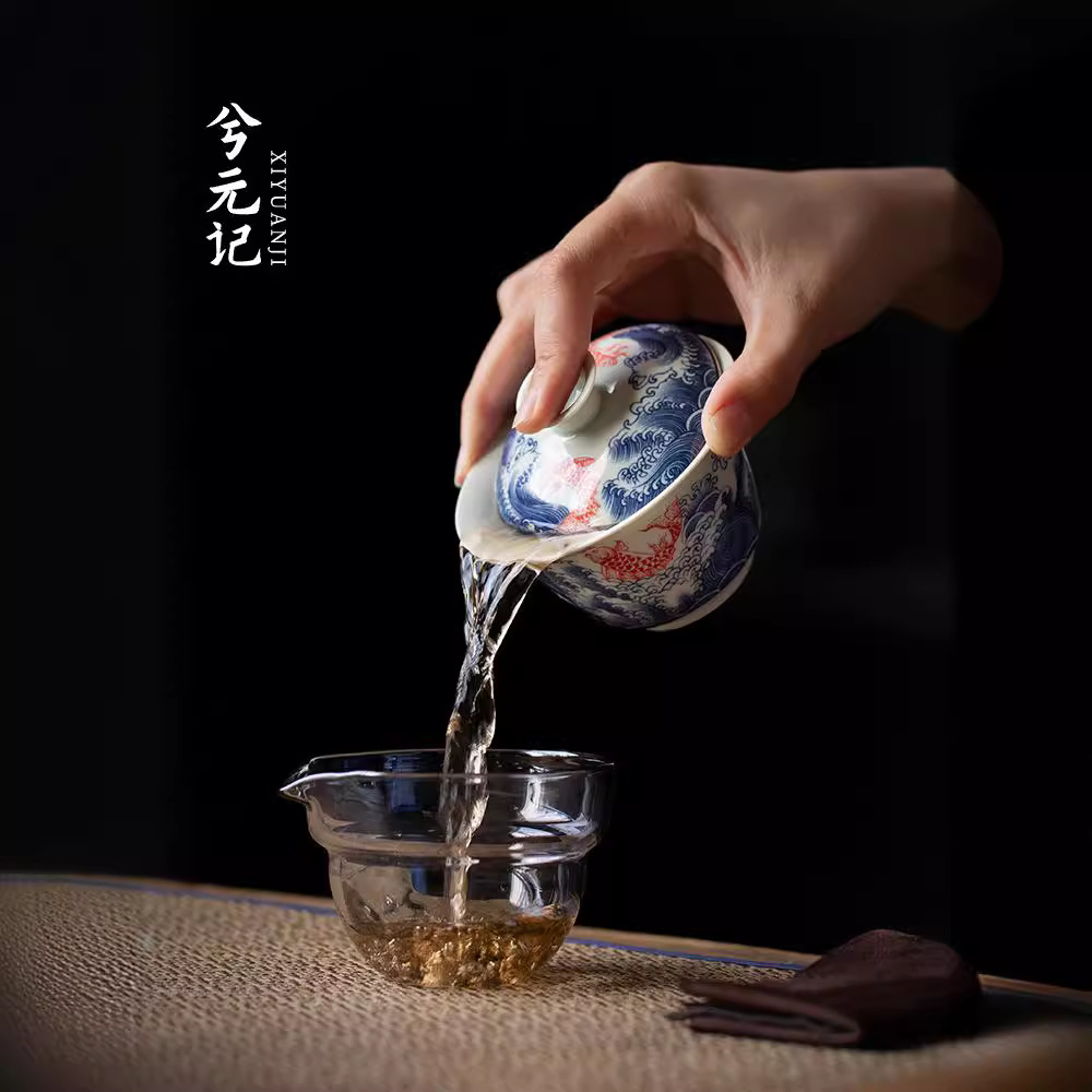 Bộ ấm chén sứ xanh trắng, một ấm hai chén, bộ trà du lịch, chén trà di động, pha trà, phong cách cắm trại ngoài trời