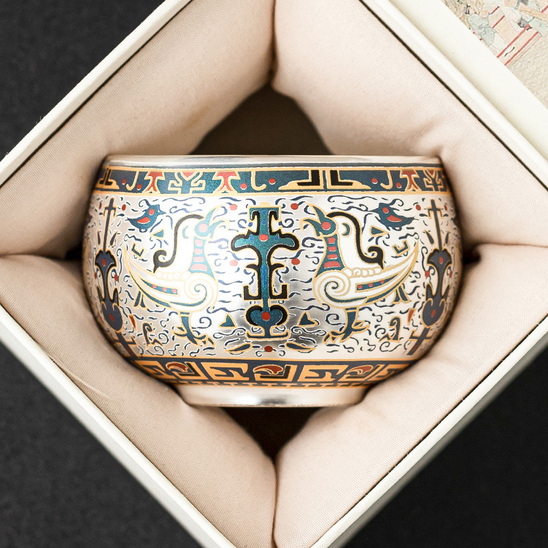 Cốc trà sang trọng nhẹ 999 cốc thiền hoa văn Đôn Hoàng mạ bạc bộ trà cao cấp cốc chủ nhân chén trà Kung Fu không nóng tay