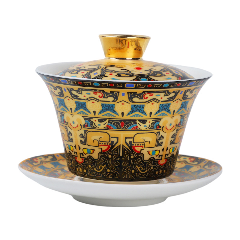 Thangka di chuột có nắp bát đựng trà tam tài cỡ lớn ngọc bích bát trà vàng bộ trà Kung Fu bát pha trà cầm tay gia dụng cao cấp