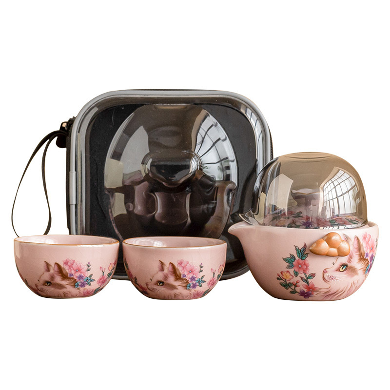 Jisu Ru lò hoa mèo Xiangyun cốc khách nhanh ngoài trời bộ trà du lịch di động có thể mở một ấm hai cốc