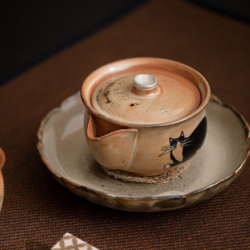 Chino Cat, bình cầm tay, bình đựng kho báu bằng bạc được vẽ bằng tay kiểu Nhật, bình nấu bằng gốm cổ điển, bát có nắp thứ hai, dụng cụ pha trà