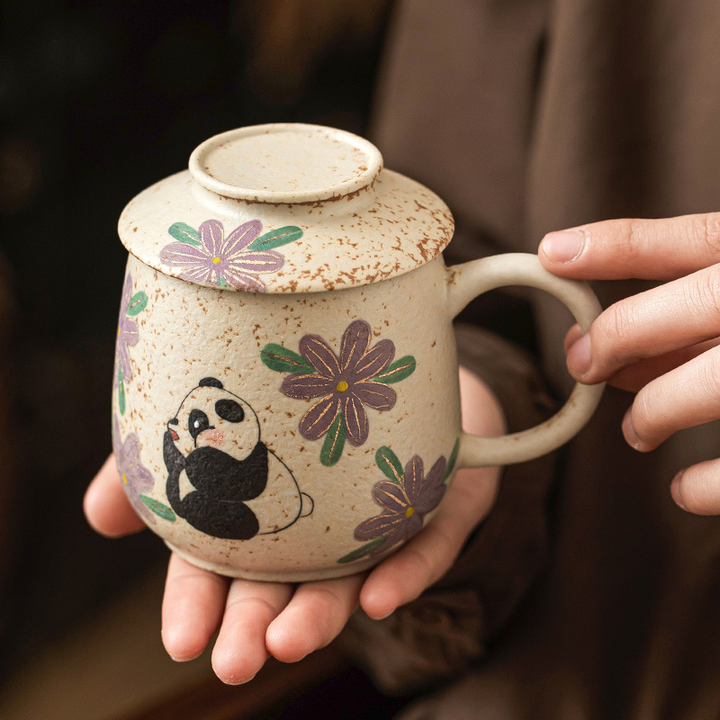 Cốc nước gốm sứ đỏ đá lửa trắng xanh, cốc văn phòng vẽ tay gấu trúc vẽ tay hoa cúc, cốc uống nước gia dụng, cốc trà