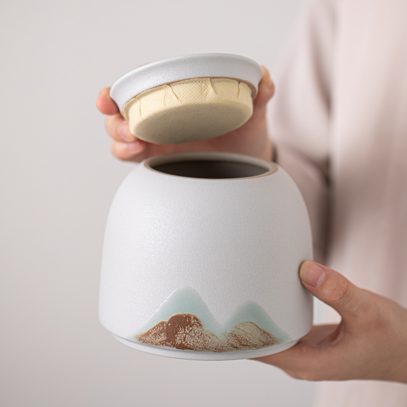 Tranh tráng men Màu Yuanshan Yuanrong Bồn đựng trà Trà Pu'er gia dụng vẽ tay Bồn đựng trà kín chống ẩm