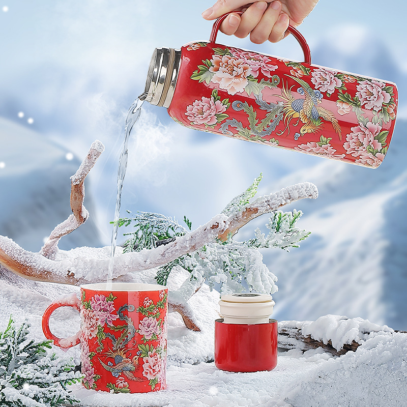 Hoa Phượng Hoàng Đông Bắc Hoa Lớn Sáng tạo Cá tính Bình giữ nhiệt Ấm đun trà Cốc uống trà Cốc trà Bộ trà Kung Fu gốm sứ