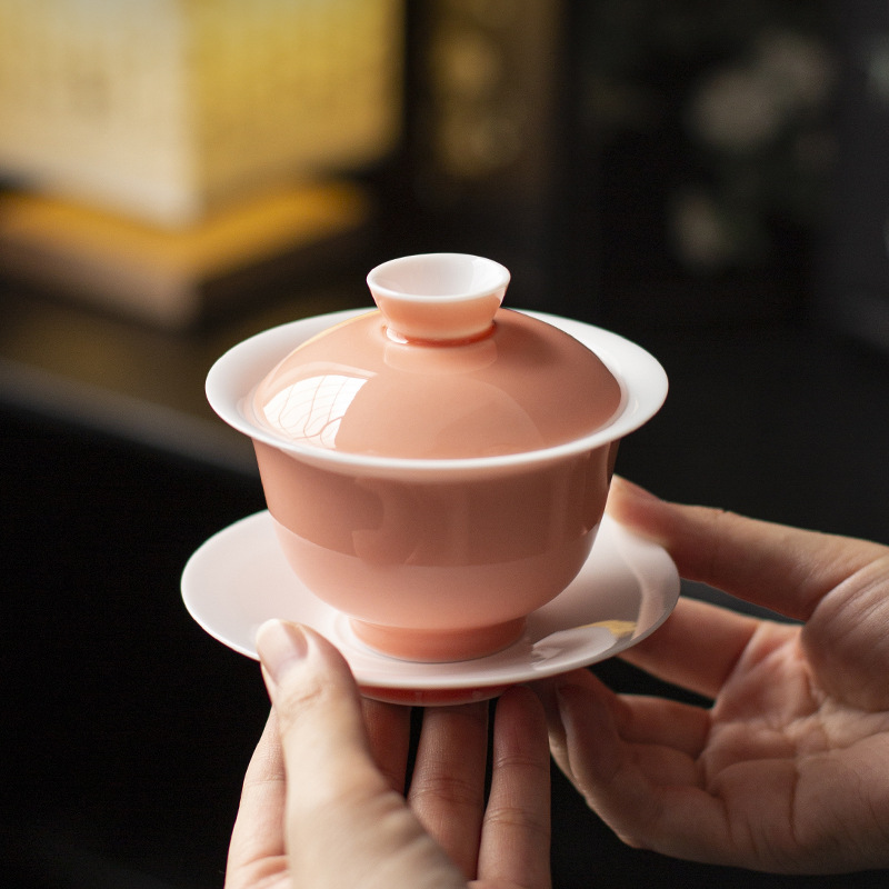 Tách trà gốm sứ Sancai màu hồng, có nắp, không nóng khi chạm, bộ ấm chén trà Kung Fu