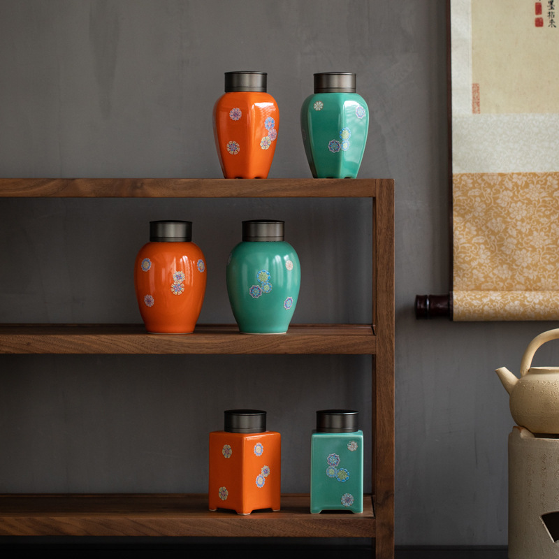 Bình đựng trà xanh ngọc lam, bình gốm sứ chống ẩm kín nắp thiếc kiểu Nhật, bình đựng trà nhỏ
