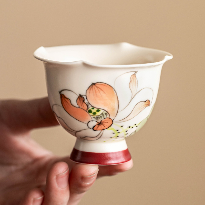 Cốc trà gốm sứ, cốc hoa sen vẽ tay cỡ lớn, cốc đặc biệt uống trà, cốc trà Kung Fu, cốc chủ nhân