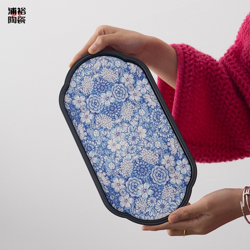 Khay trà xanh trắng cổ điển kiểu Trung Quốc Mới Bộ Trà Công Phu gốm sứ gia dụng đệm bình trà bàn pha khô hút nước loại nhỏ khay trà