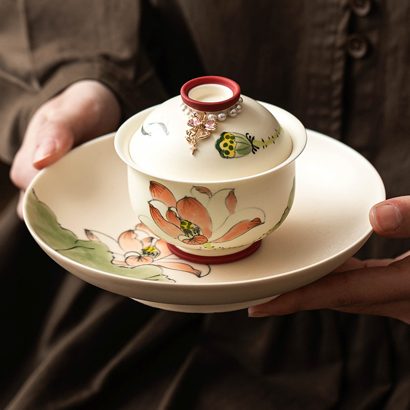 Cốc trà nắp gốm sứ hồng cốc trà hoa sen vẽ tay dung tích lớn bộ trà kungfu có nắp bát trà đơn