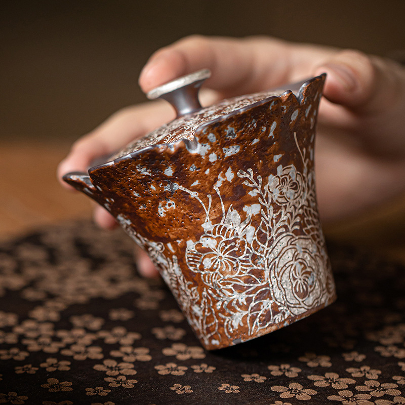 Bát có nắp miệng hoa mạ bạc, bát có nắp hai bằng gốm thô, bát pha trà cỡ nhỏ, tách trà, Bộ trà Kung Fu, dụng cụ pha trà đơn