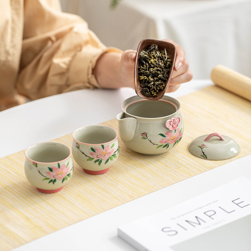 Bộ trà Kung Fu hoa trà vẽ tay túi đựng đồ du lịch ngoài trời cốc khách nhanh tay một bình hai cốc trà gốm sứ ấm trà