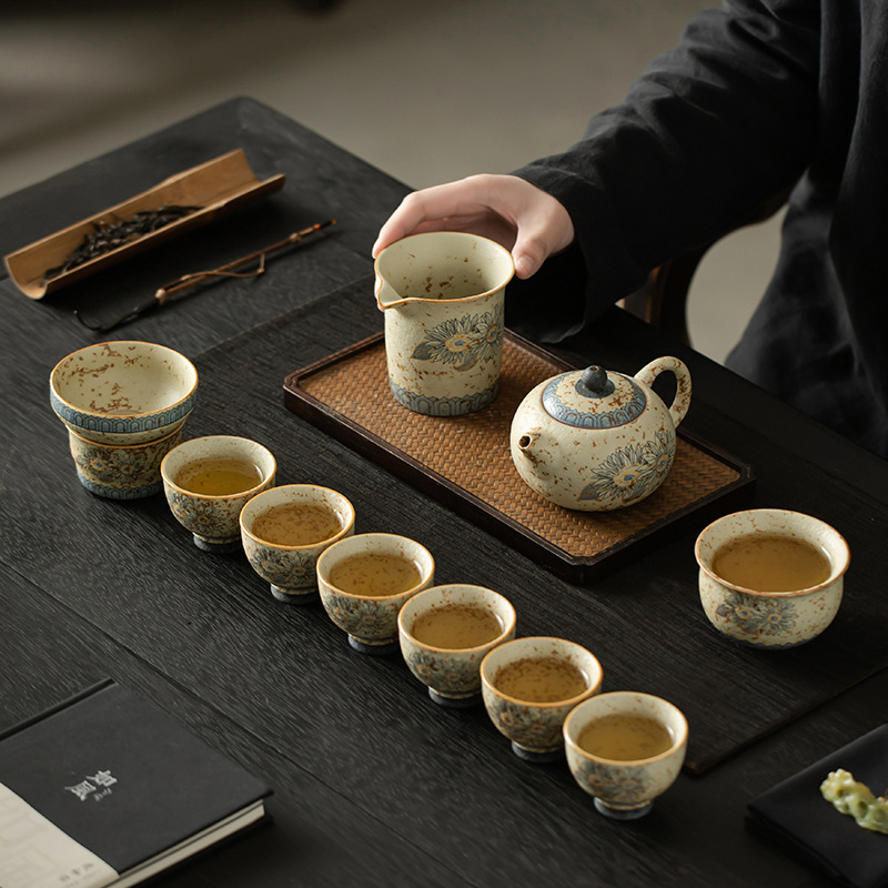 Bộ ấm trà đá núi lửa trắng xanh cao cấp, ấm trà gốm sứ gia dụng, cốc trà, bộ trà trọn bộ, quà tặng