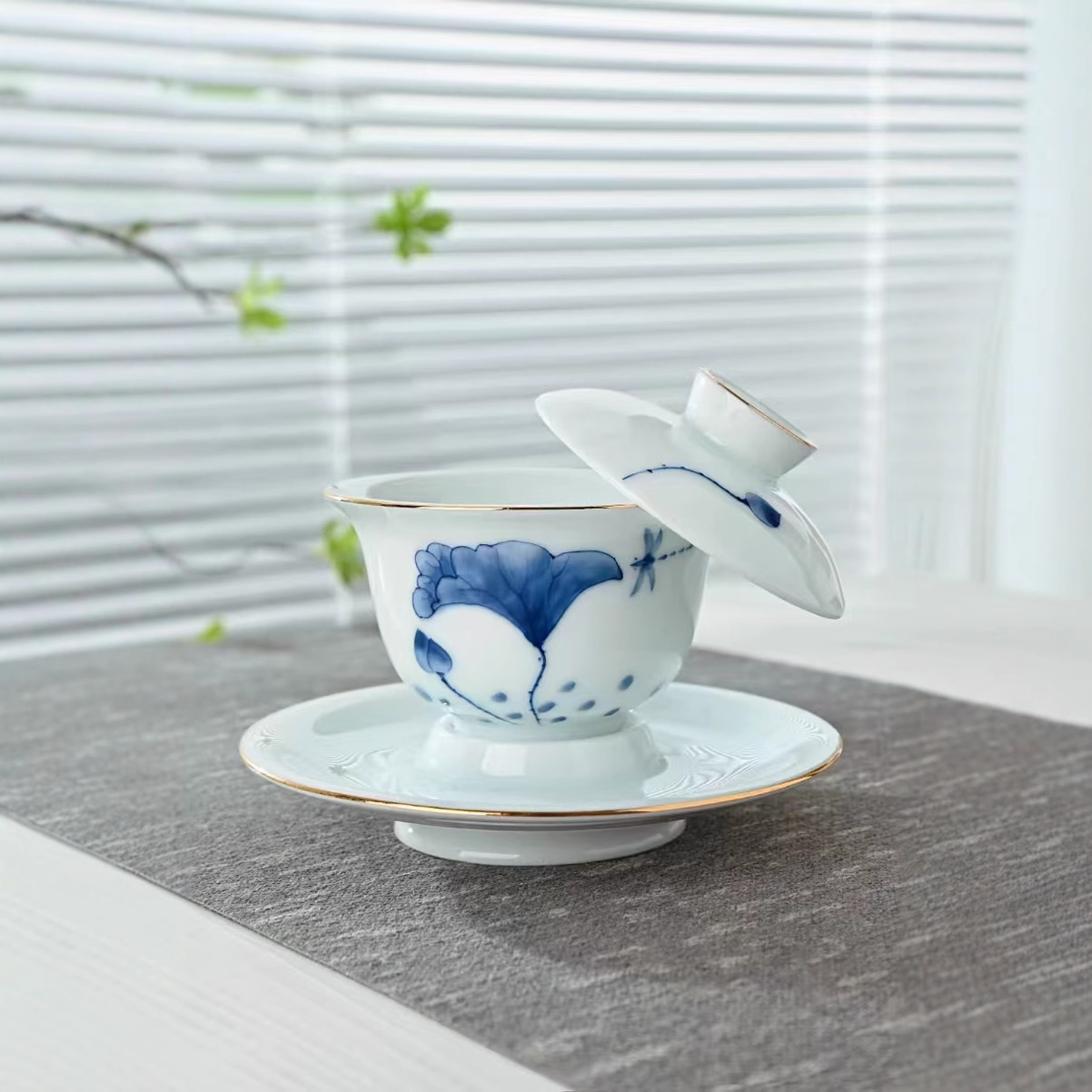 Bát sứ nephrite vẽ tay, nắp đậy, chén uống trà ba ngăn, bộ ấm trà kung fu, chén trà, bát trà nổi, kích thước lớn