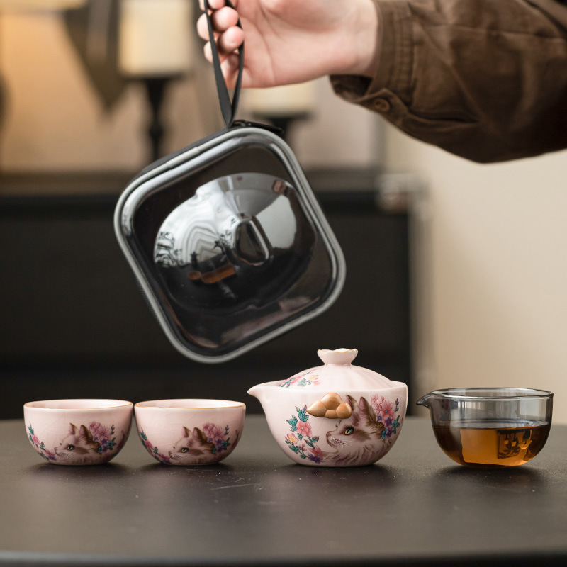 Jisu Ru lò hoa mèo Xiangyun cốc khách nhanh ngoài trời bộ trà du lịch di động có thể mở một ấm hai cốc