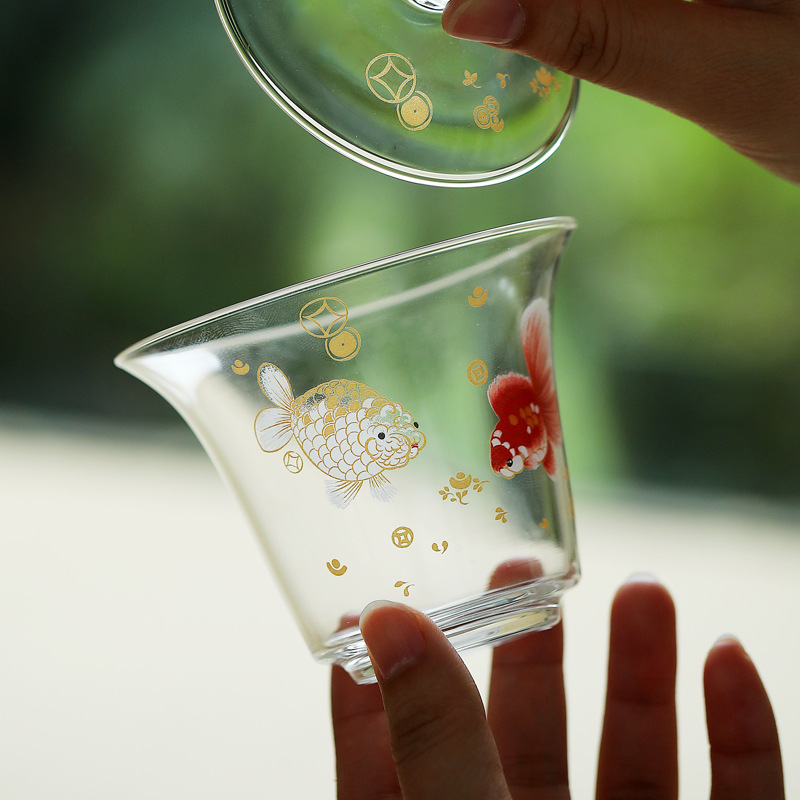 Bộ ấm chén trà Kung Fu bằng thủy tinh borosilicat cao cấp, họa tiết cá thủ công, tô trà xanh.