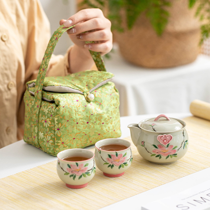 Bộ trà Kung Fu hoa trà vẽ tay túi đựng đồ du lịch ngoài trời cốc khách nhanh tay một bình hai cốc trà gốm sứ ấm trà
