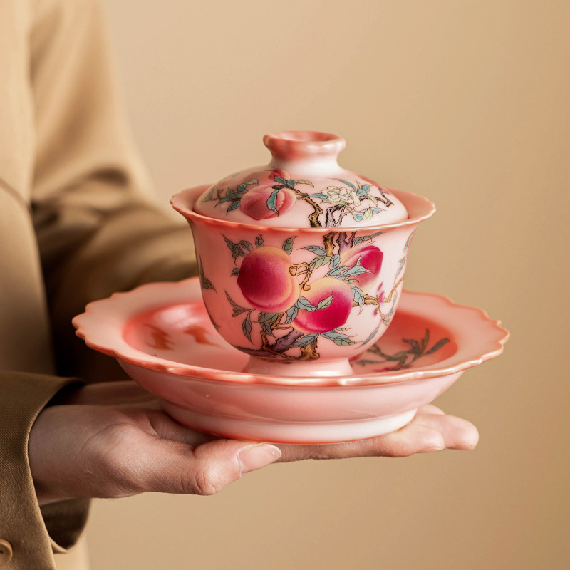 Bát có nắp chín đào màu hồng, cốc trà gốm sứ, bát trà đơn có nắp cao cấp cổ điển kiểu Trung Quốc cỡ lớn phục vụ khách gia đình