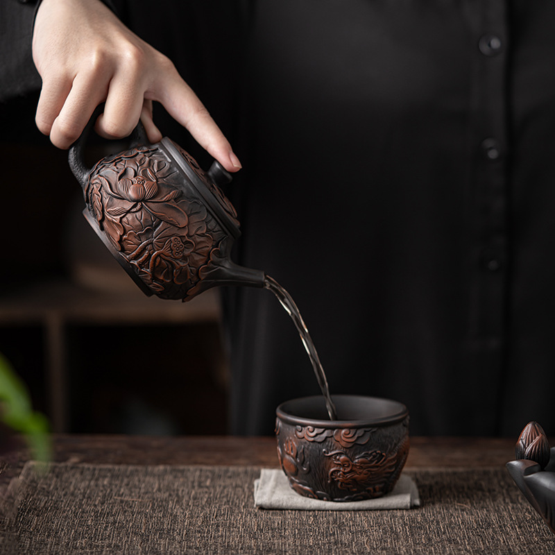 Bộ ấm trà gốm tím cổ điển, ấm trà phòng khách gia dụng kiểu Trung Quốc, ấm trà công phu chạm nổi gốm sứ, quà tặng sang trọng nhẹ nhàng