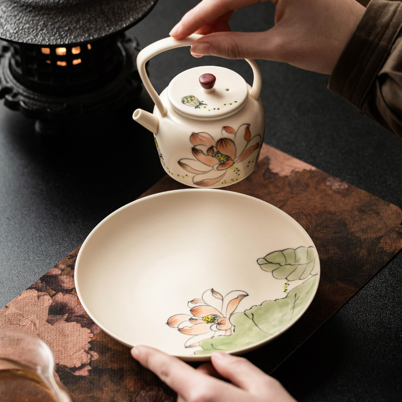 Bình hoa sen vẽ tay màu hồng, khay đựng gốm sứ gia dụng hình tròn, khay đựng trà cổ điển kiểu Trung Quốc, phụ kiện trà đạo
