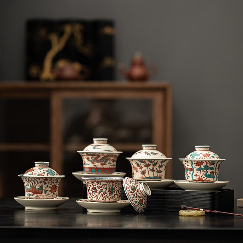 Bộ trà gaiwan treo lớn đơn màu xanh và trắng theo phong cách cổ điển Bộ trà kung fu màu xanh và trắng tại nhà Bát pha trà