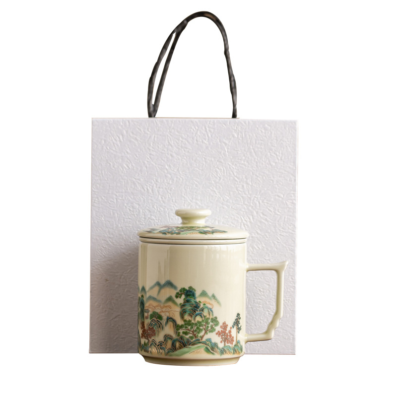 Cốc pha trà phong cảnh tráng men màu vàng bí mật cốc chuyên dụng cá nhân cốc tách nước trà có nắp cốc văn phòng gốm sứ Trung Quốc