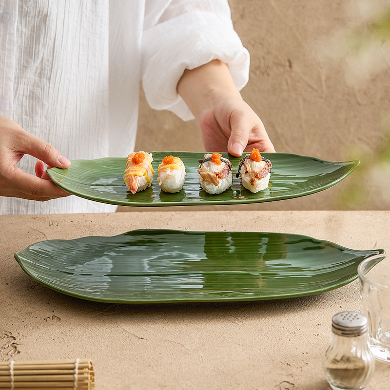 Đĩa Sushi gốm sứ Dehua, đĩa lá zông đặc trưng sáng tạo, đĩa Sashimi hình chữ nhật, đĩa bánh ngọt