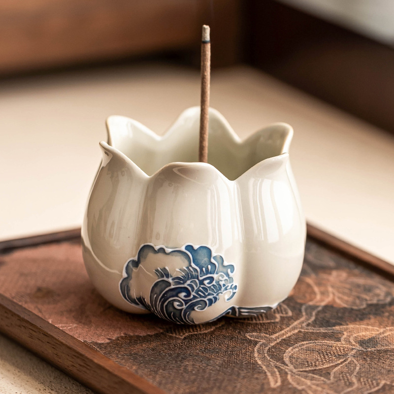 Lư hương chạm khắc sóng nở hoa, hương trong nhà kiểu Trung Quốc, phụ kiện trà đạo, hương gốm sứ cắm dây, hương điểm