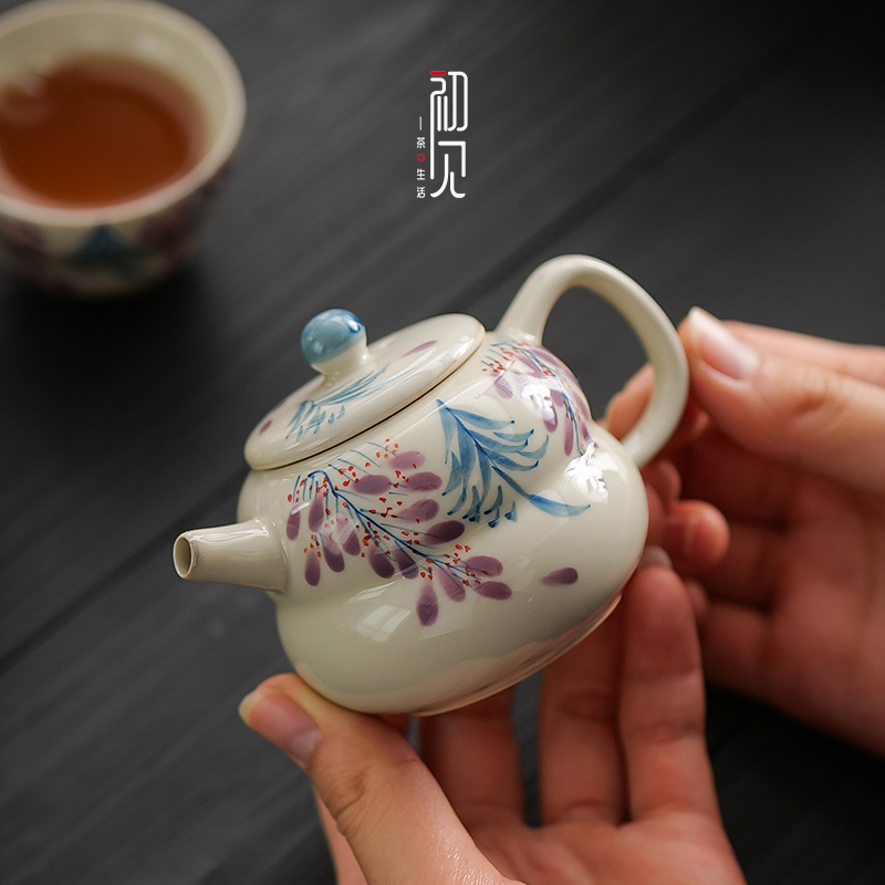 Xám thực vật vẽ tay hoa tử đằng bộ trà kungfu ấm trà bộ trà gia dụng bộ trà du lịch túi vải một bình hai cốc
