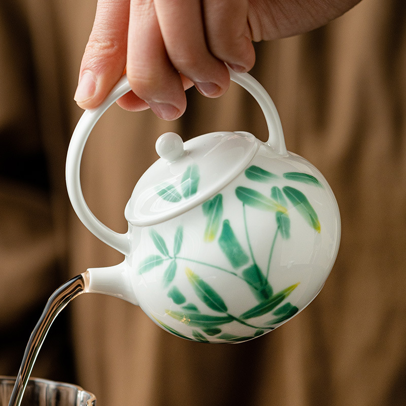 Ấm trà màu xám cỏ cây Ấm trà cầm xà tròn cao cấp vẽ tay kiểu Trung Quốc Bộ trà Kung Fu gia dụng nhỏ pha trà đãi khách