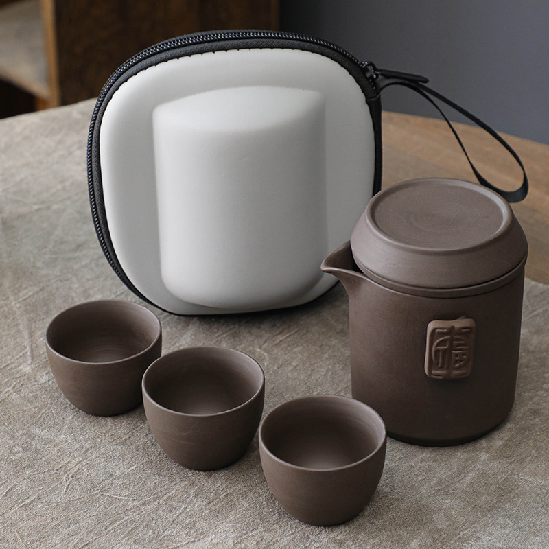 Đất sét tím du lịch bộ trà nhỏ di động gốm hoàn chỉnh kung fu trà trà đạo khay trà ấm trà tách trà