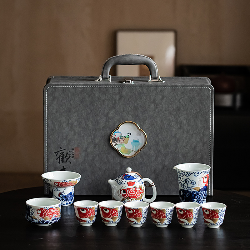 Bộ ấm trà Kung Fu Rồng Cá cốc trà gốm sứ kiểu Trung Quốc Có Nắp ấm trà dụng cụ pha trà gia dụng Hộp quà tặng cao cấp