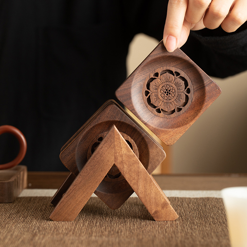 Đáy lót ly gỗ óc chó đen nguyên khối, đế lót ấm trà, đế lót tách trà, đệm cách nhiệt, đế lót ly kết hợp sáng tạo, bộ ấm trà kung fu