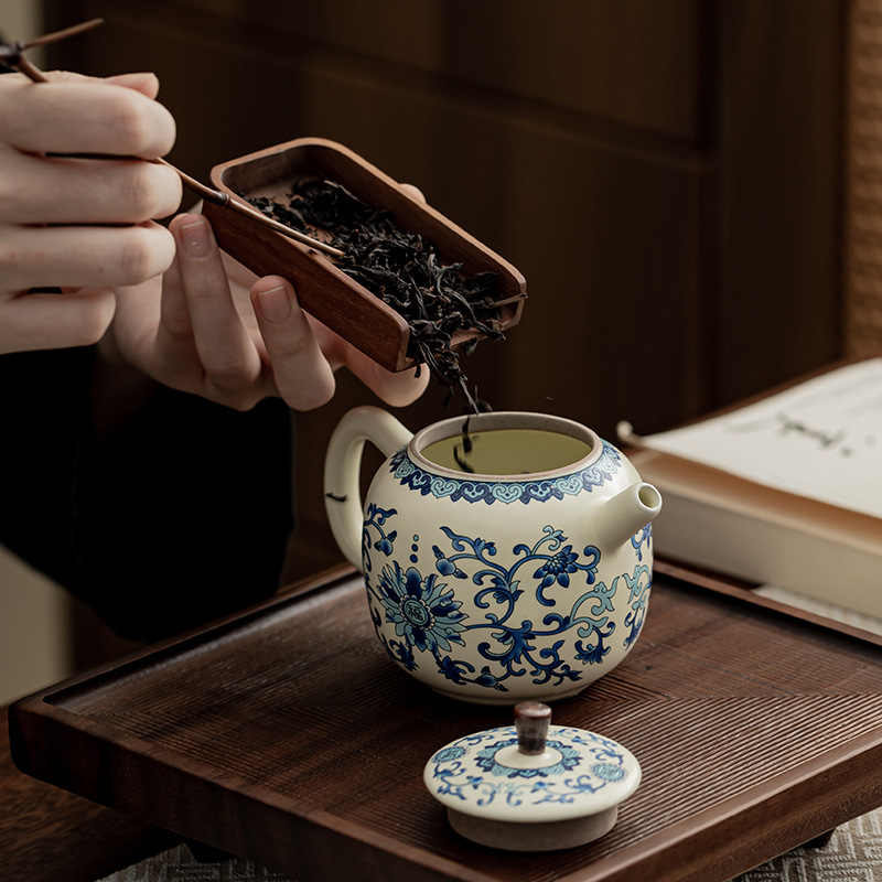 Ấm trà màu xanh và trắng, ấm trà gốm sứ lò Ru, ấm trà dụng cụ pha trà Kung Fu gia dụng, ấm đơn, ấm lọc cổ điển