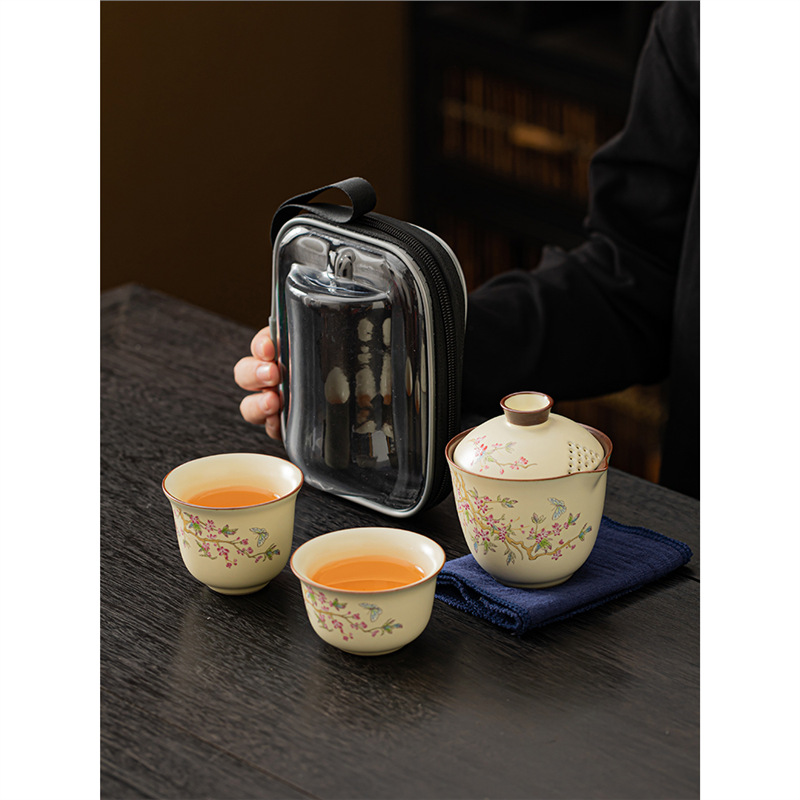 Du lịch một ấm hai cốc cầm tay ấm trà hoa tử đằng bộ ấm trà bộ ấm trà cốc nhanh pha trà gốm cầm tay cầm tay