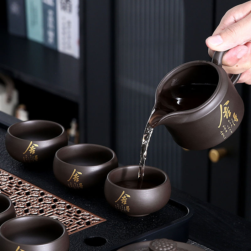 Bộ ấm trà công phu màu tím cát ấm trà gốm sứ đơn giản phòng khách văn phòng gia dụng khay trà hộp quà 2025