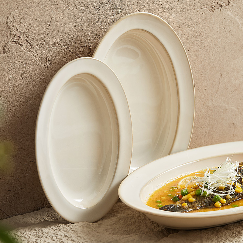 Đĩa cá hoa văn dòng nước màu vàng gạo, đĩa Cá hấp gia dụng, đĩa ăn cao cấp, đặc biệt đẹp mắt, đĩa ăn lạnh hình bầu dục