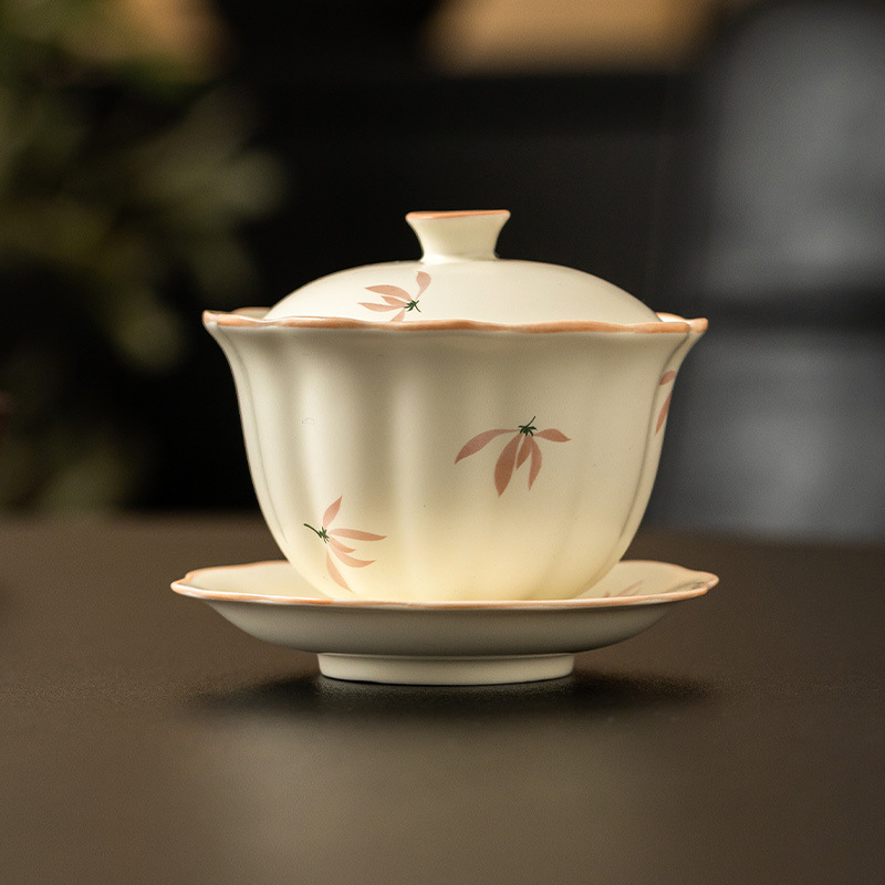 Bát tam tài hoa lan tráng men màu vàng gạo bát đựng trà gia dụng dung tích lớn có nắp không nóng bộ trà pha trà Kung Fu