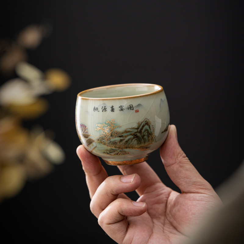 Lò nung Sapphire Ru Đào Viên Lễ hội mùa xuân Hình ảnh Cốc trà vuông Chủ nhân Chén trà Li Huiyi Cốc trà sứ Ru cổ điển Long Dan