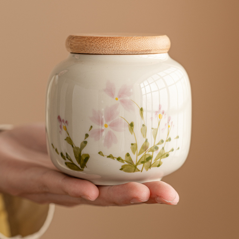 Thùng Trà Hoa Cúc Nhỏ Vẽ tay màu xám thực vật, Thùng Lưu Trữ di động bằng gốm, thùng kín chống ẩm cao cấp cỡ nhỏ, thùng rỗng