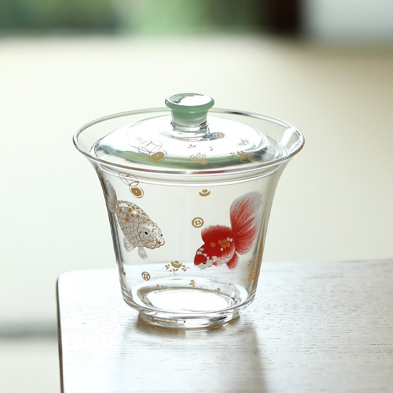 Bộ ấm chén trà Kung Fu bằng thủy tinh borosilicat cao cấp, họa tiết cá thủ công, tô trà xanh.