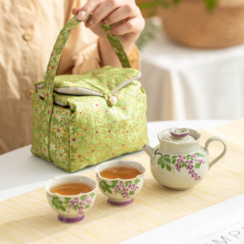 Bộ ấm trà Kung Fu nho vẽ tay bộ ấm trà gia dụng màu men xám thực vật bộ túi đựng đồ du lịch
