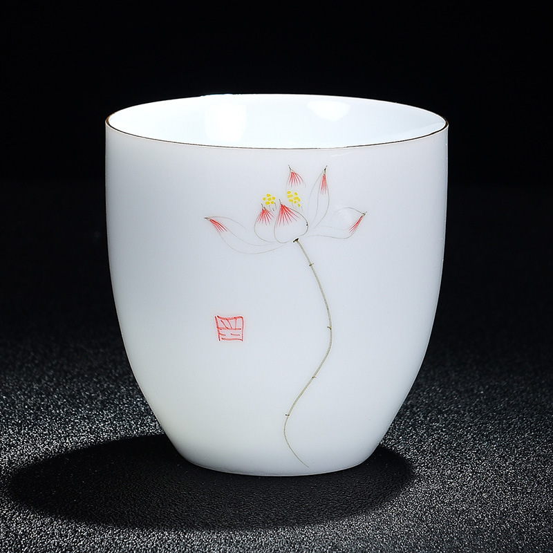 Cốc trà sứ trắng ngọc cừu vẽ tay nguyên chất cốc chủ nhân gốm sứ cốc cốc trà Kung Fu đơn cỡ lớn cốc trà cốc trà gia dụng