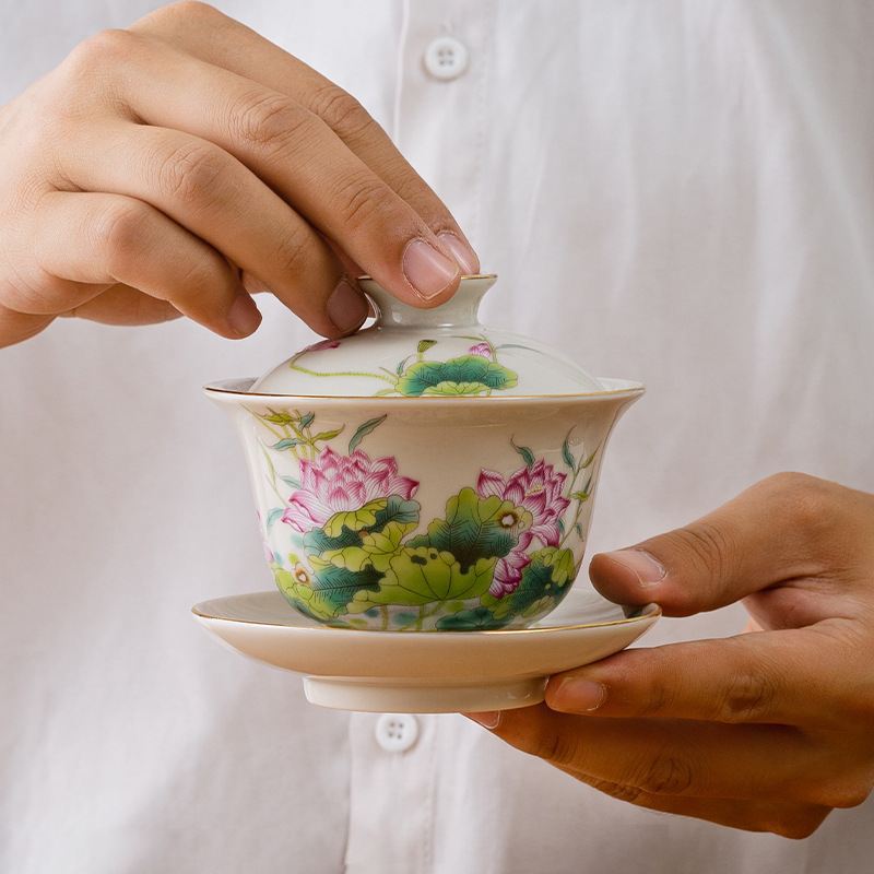 Bát có nắp pha trà tam tài đơn chén trà bát trà gốm sứ cỡ lớn bộ trà Kung Fu sứ trắng xanh sứ trắng sứ