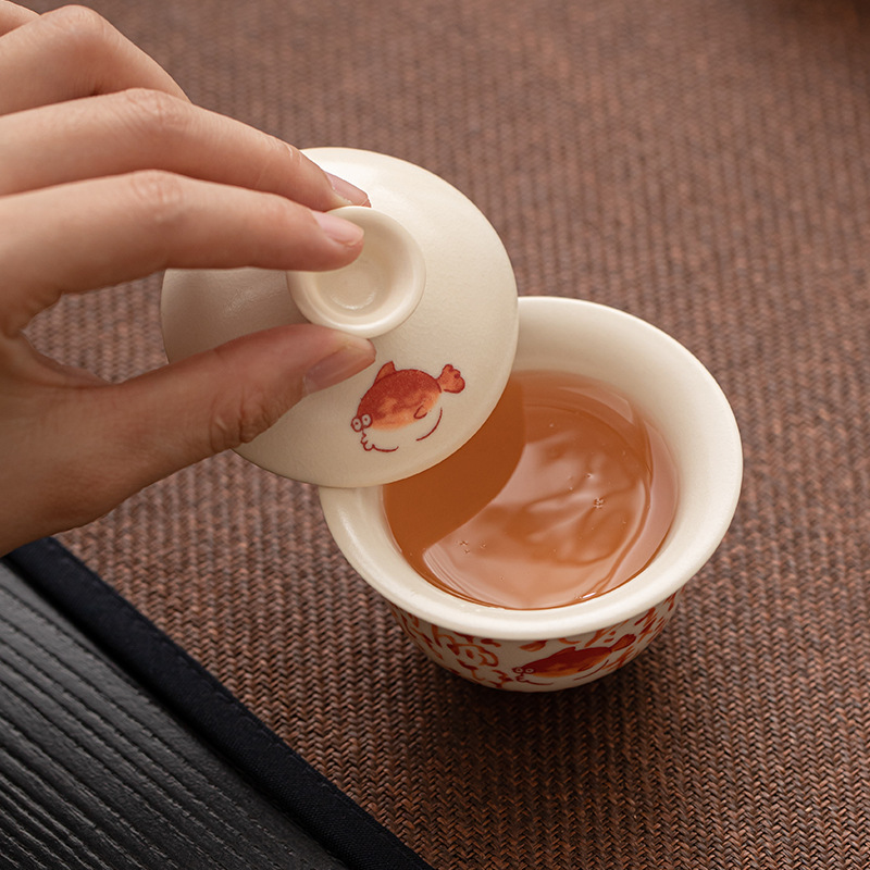 Soda tráng men cá Si Wenzao Qingyuan bát có nắp Bộ đồ trà cốc trà gốm sứ gia dụng Bộ trà Kung Fu đơn giản