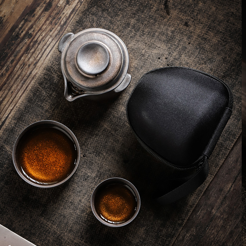 Bộ ấm trà Kung Fu di động xách tay di động mạ vàng gốm sứ