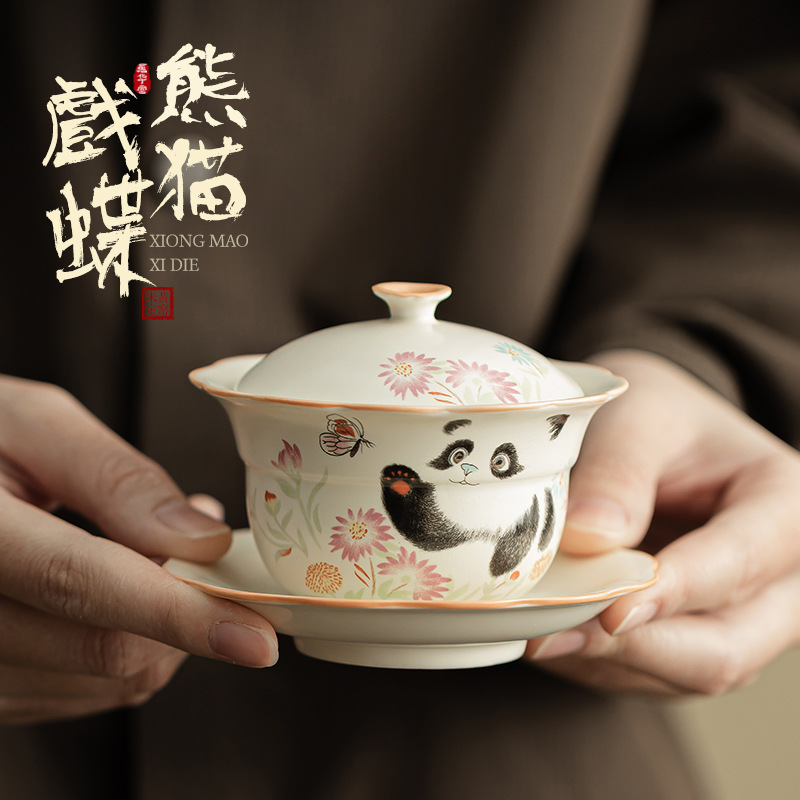 Panda chơi bướm miệng hoa bầu nắp bát màu be gốm sứ Dingyao bát trà ba tài dụng cụ trà cốc trà lớn chống bỏng
